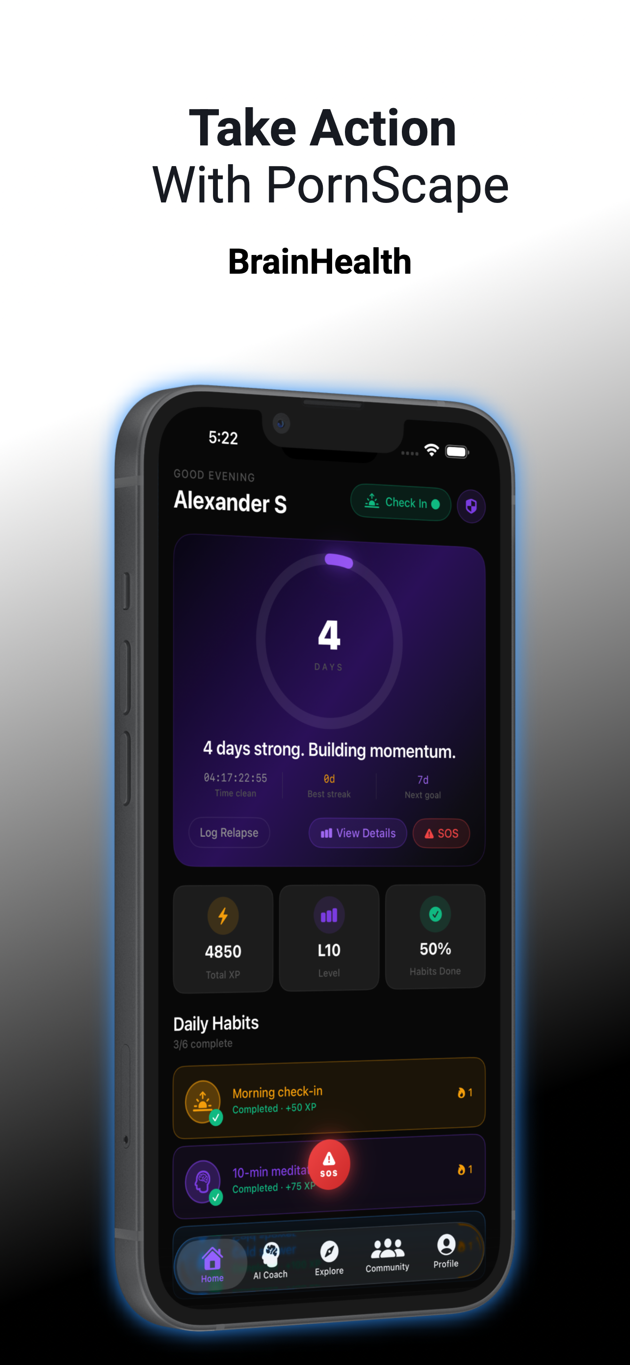 Home dashboard — Take Action With PornScape