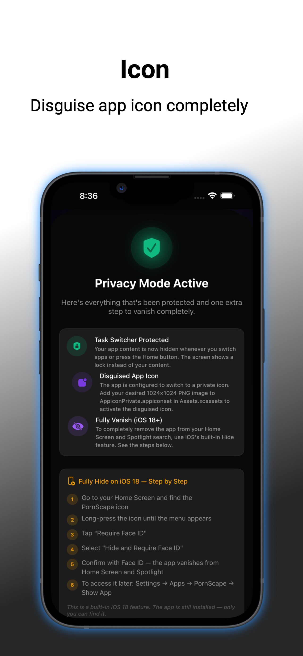 Privacy Mode — disguise the app icon completely